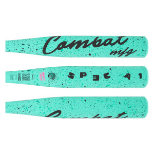 Full graphic layout of a mint green baseball bat with black speckles, Combat mfg script, and SPEC A1 text.