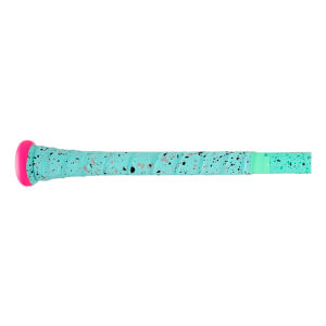 Side view of a mint green baseball bat grip with black and peach speckles and a bright pink knob.
