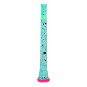 Close-up of a mint green baseball bat grip with black and pink speckles and a bright pink knob.