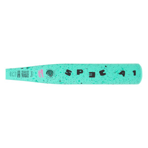Side view of a mint green baseball bat with black speckles, large black SPEC A1 text, and a pink Small Batch logo.