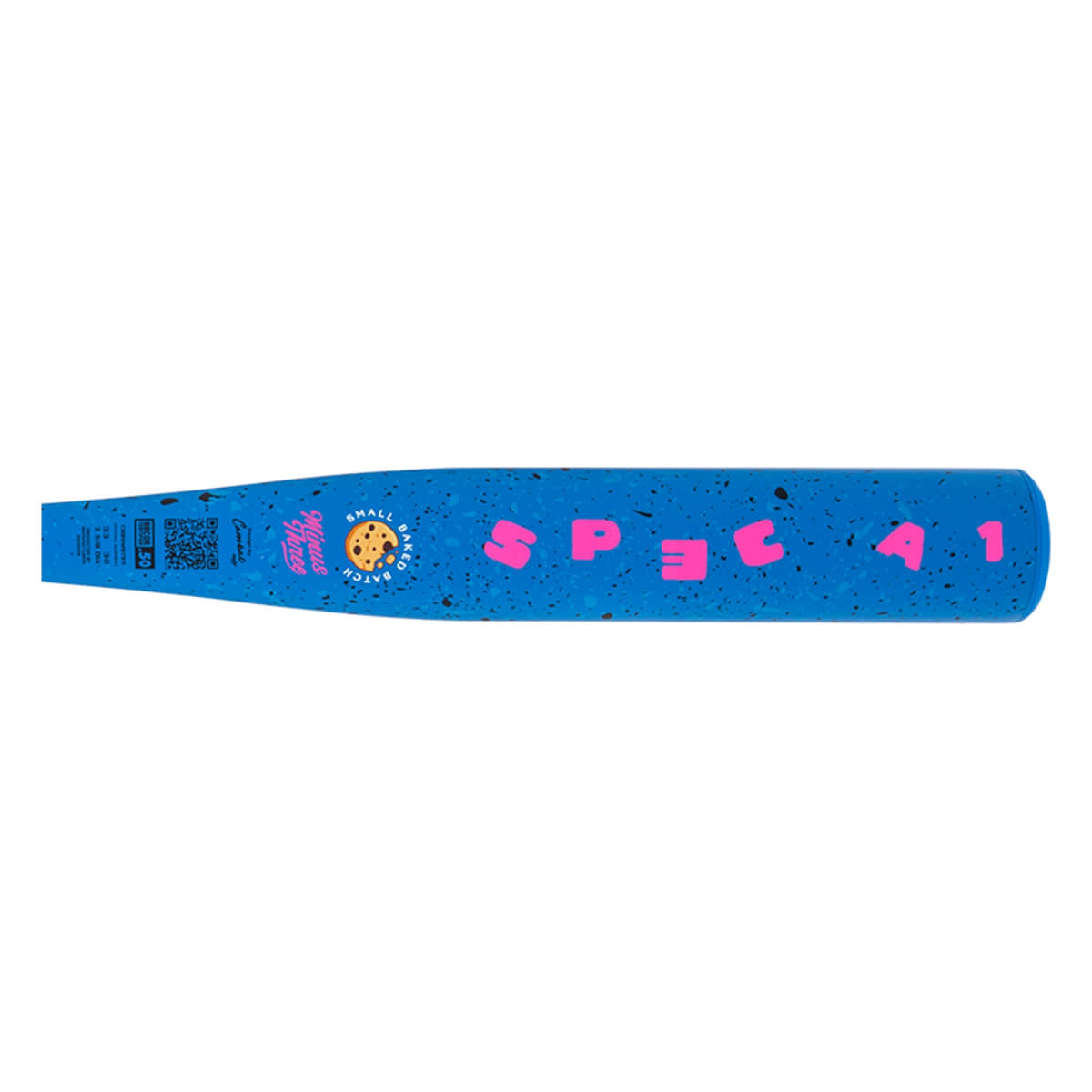 Side view of a bright blue baseball bat with pink SPEC A1 text, a cookie graphic, and small black speckles.