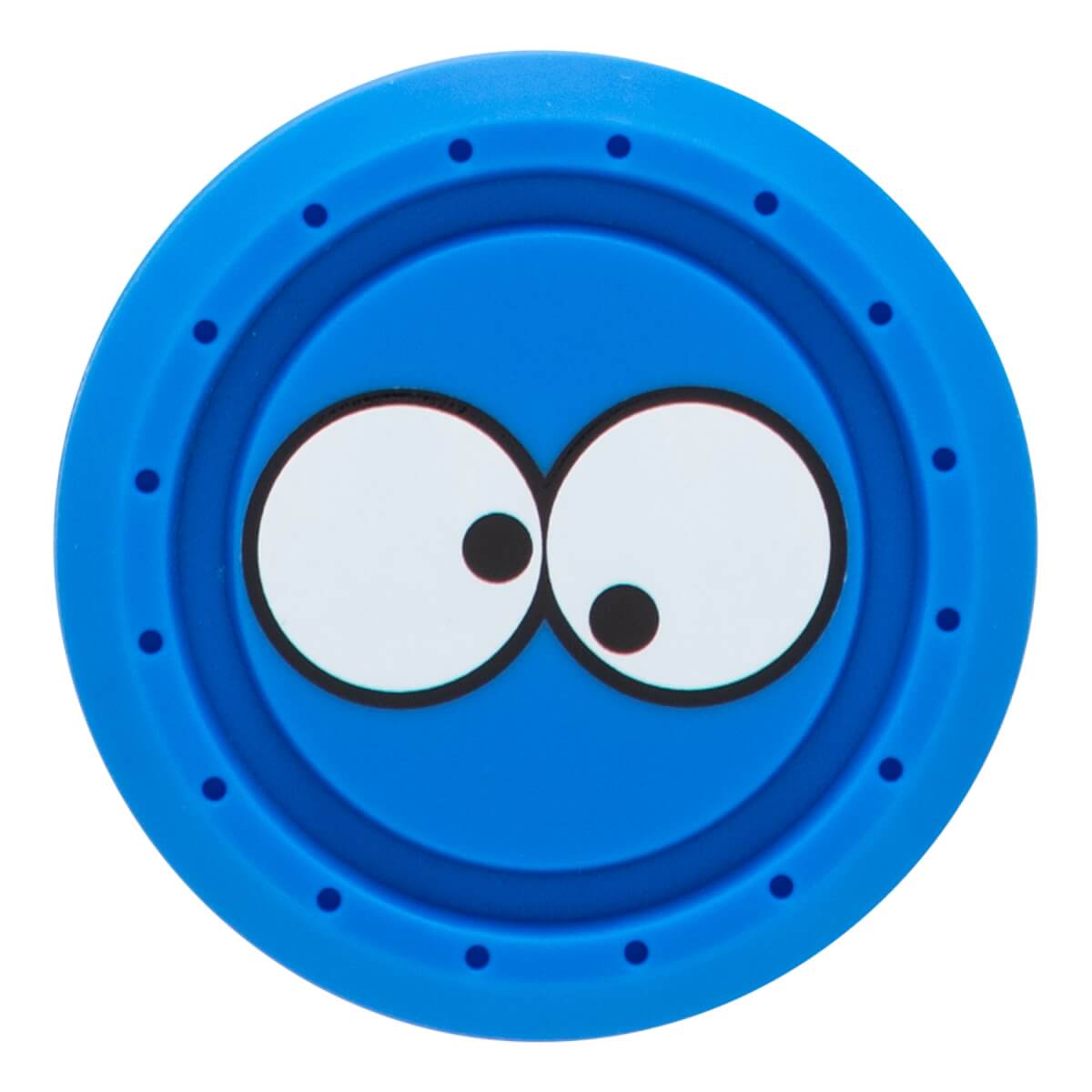 End cap of a blue baseball bat with cartoon Cookie Monster eyes and a textured outer ring with small circular indents.