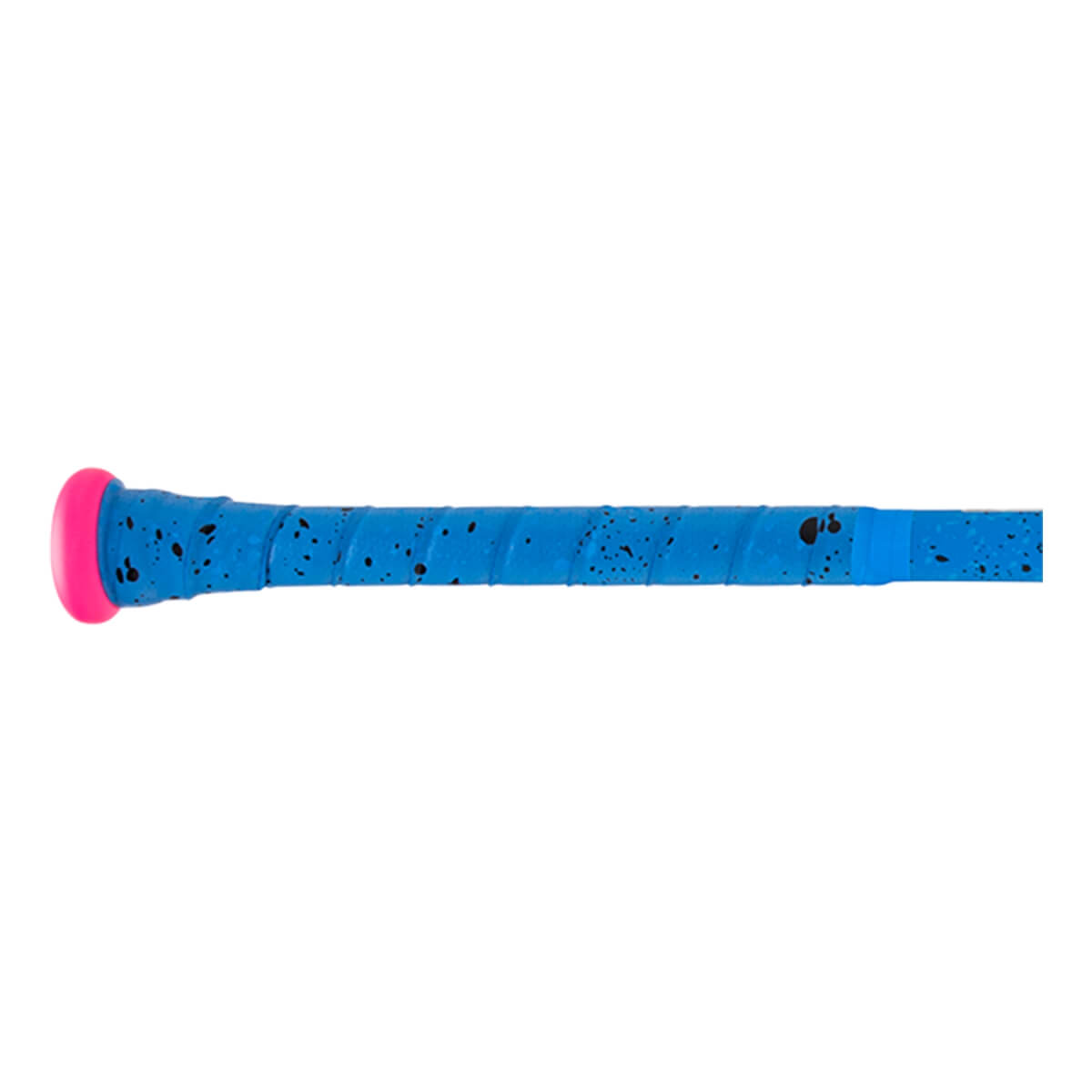 Close-up of a blue baseball bat grip with black speckles, a spirally wrapped texture, and a pink knob.