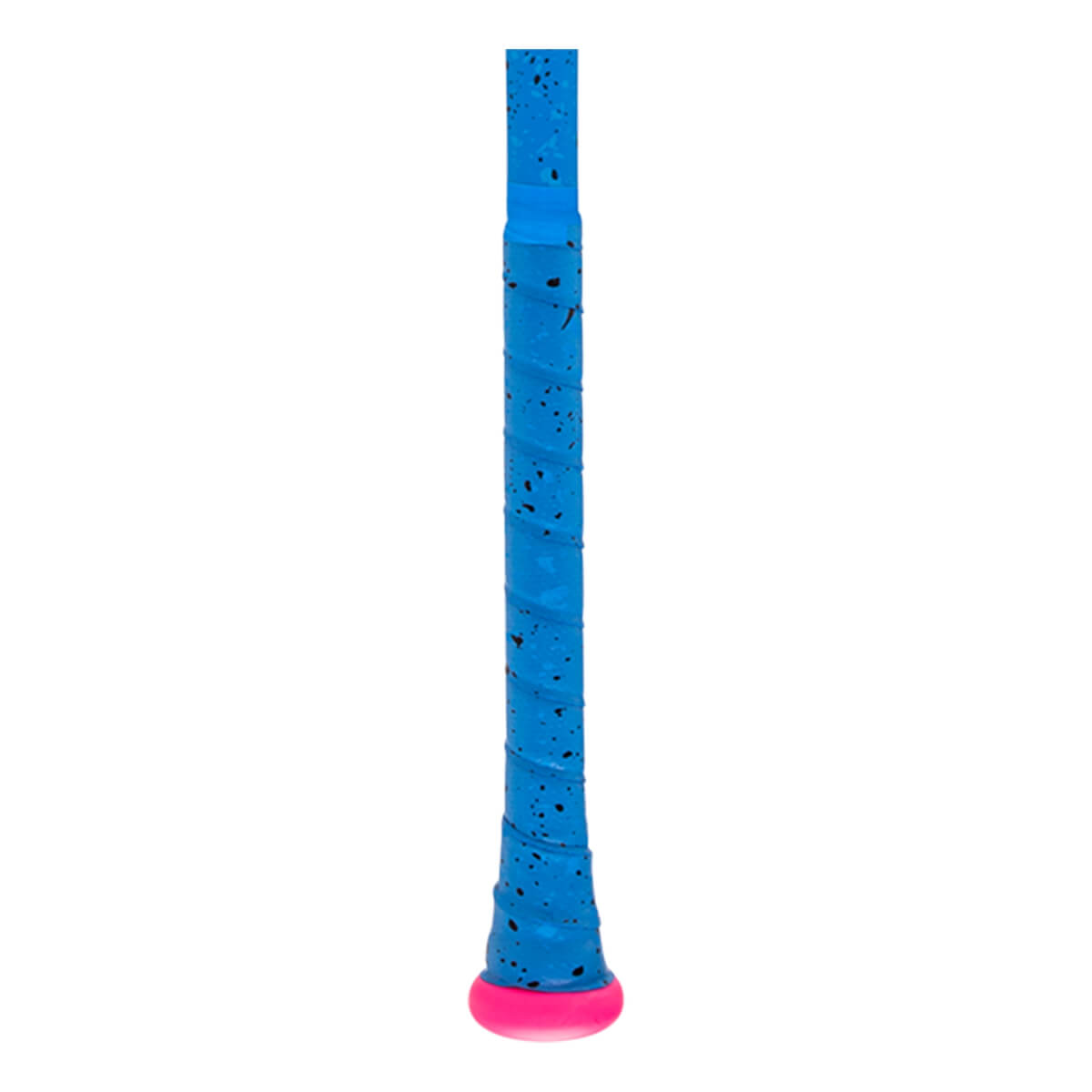 Close-up of a blue baseball bat handle with a speckled grip and a bright pink knob.