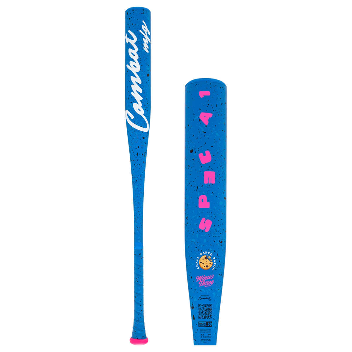 Two views of a blue baseball bat with pink speckles, white Combat mfg text, and a SPEC A1 cookie graphic.