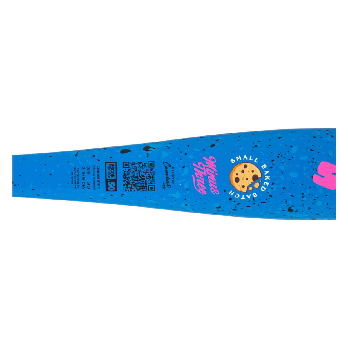 Close-up of a speckled blue baseball bat barrel with a bitten cookie graphic and Minus Three in pink script.