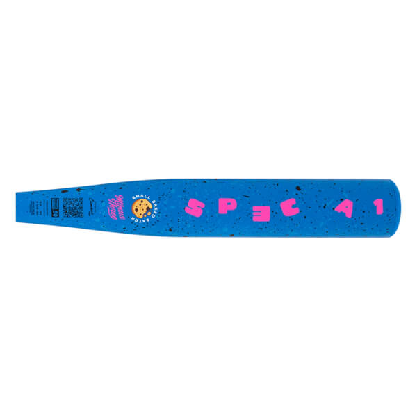 Side view of a bright blue baseball bat with pink SPEC A1 text, a cookie graphic, and small black speckles.
