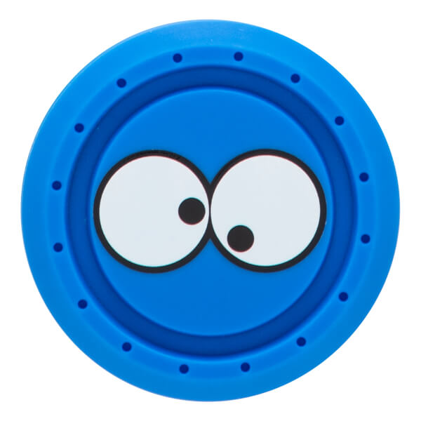 End cap of a blue baseball bat with cartoon Cookie Monster eyes and a textured outer ring with small circular indents.