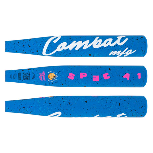 Full view of a blue speckled baseball bat with Combat mfg in white, SPEC A1 in pink, and a cookie logo.