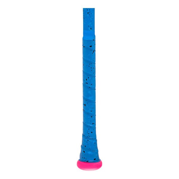 Close-up of a blue baseball bat handle with a speckled grip and a bright pink knob.