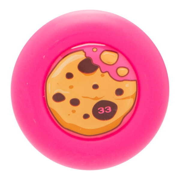 Top-down view of a pink baseball bat end cap with a cartoon cookie design and the number 33.