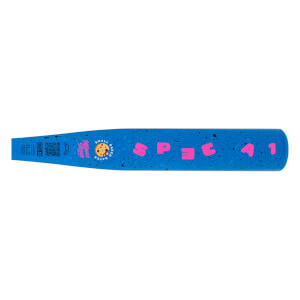 Side view of a bright blue baseball bat with pink SPEC A1 text, a cookie graphic, and small black speckles.