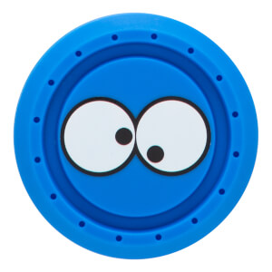 End cap of a blue baseball bat with cartoon Cookie Monster eyes and a textured outer ring with small circular indents.