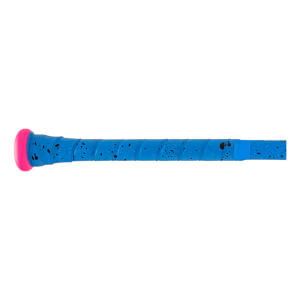 Close-up of a blue baseball bat grip with black speckles, a spirally wrapped texture, and a pink knob.