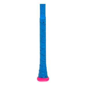 Close-up of a blue baseball bat handle with a speckled grip and a bright pink knob.