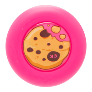 Top-down view of a pink baseball bat end cap with a cartoon cookie design and the number 33.