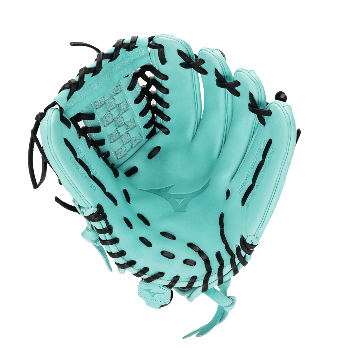 Top-down view of a turquoise Mizuno Prime EliteX glove with black laces, showing the "12 inches" text and the Mizuno logo.