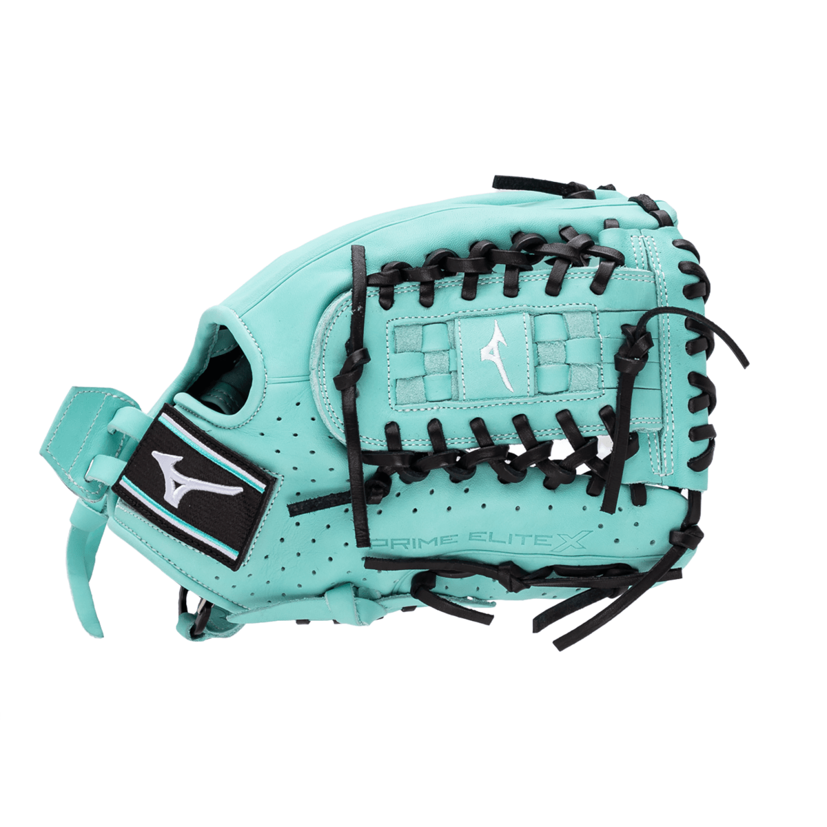 Side view of a teal baseball glove with black lacing and a white Mizuno logo on the palm and a PRIME ELITE X graphic.