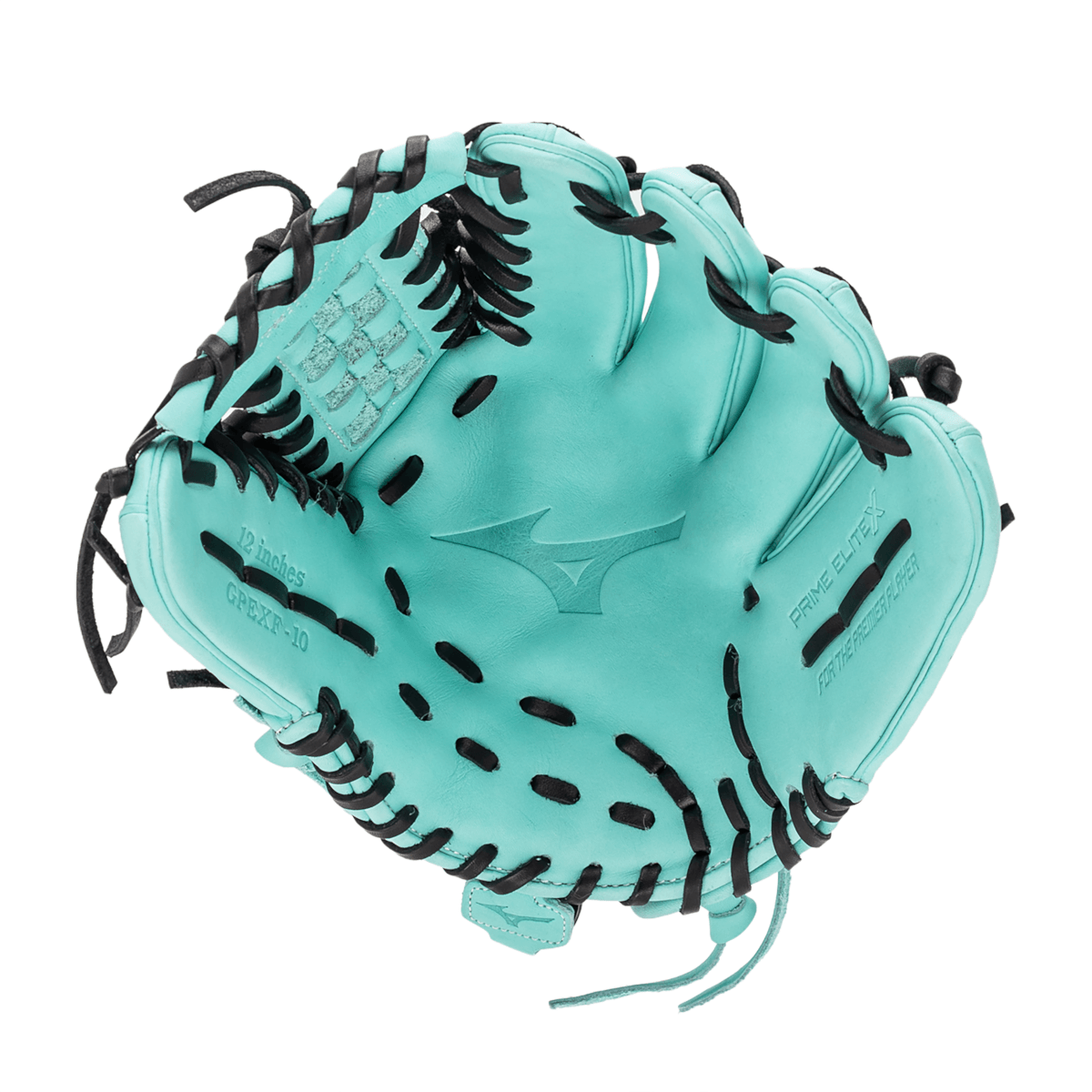 Top-down view of a turquoise baseball glove featuring black lacing, the Mizuno logo, and "12 inches" text.
