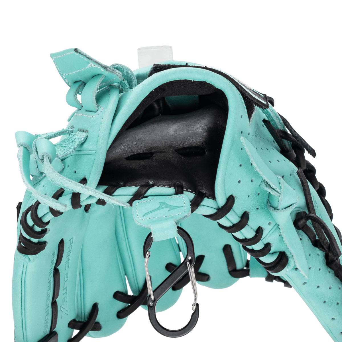 Close-up view of a teal baseball glove with black lacing, showing the "PRIME ELITE II" text and a carabiner clip.
