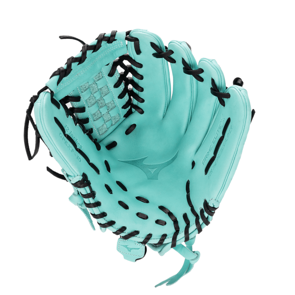 Top-down view of a turquoise Mizuno Prime EliteX glove with black laces, showing the "12 inches" text and the Mizuno logo.