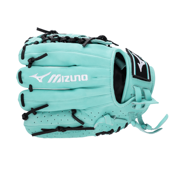 Right-side view of a teal Mizuno baseball glove with black lacing and "Mizuno" logo.