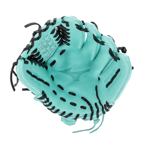 Top-down view of a turquoise baseball glove featuring black lacing, the Mizuno logo, and "12 inches" text.