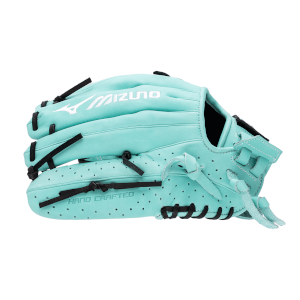 Side view of a teal baseball glove with black laces, white "MIZUNO" logo, and "HAND CRAFTED" text.