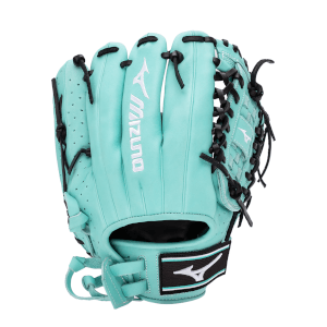 Front view of a teal Mizuno baseball glove with black lacing and a white Mizuno logo on the wrist strap.