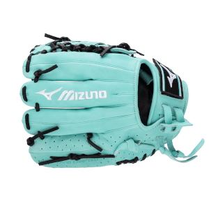 Right-side view of a teal Mizuno baseball glove with black lacing and "Mizuno" logo.