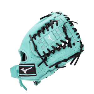 Top-down view of a teal baseball glove with black lacing and the text "PRIME ELITE X" visible.