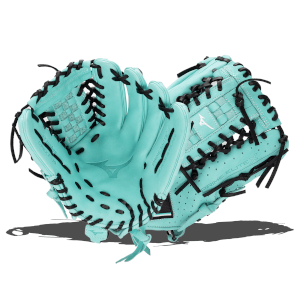 Top-down view of two teal baseball gloves with black lacing, one showing "PRIME ELITE X".