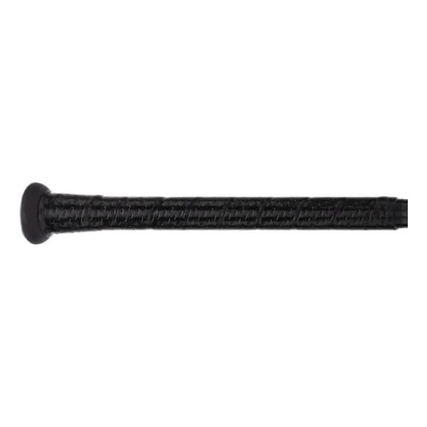 Close-up side view of a black baseball bat handle with a textured grip and a black knob.