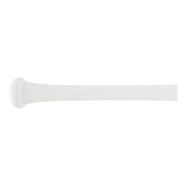 Side view of a white baseball bat with a rounded knob and smooth, tapering barrel.