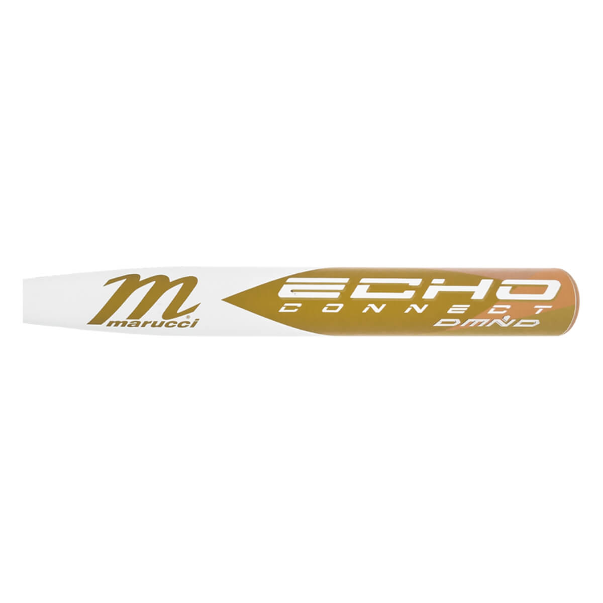 Side view of a white and gold Marucci Echo Connect DMND softball bat with visible branding.