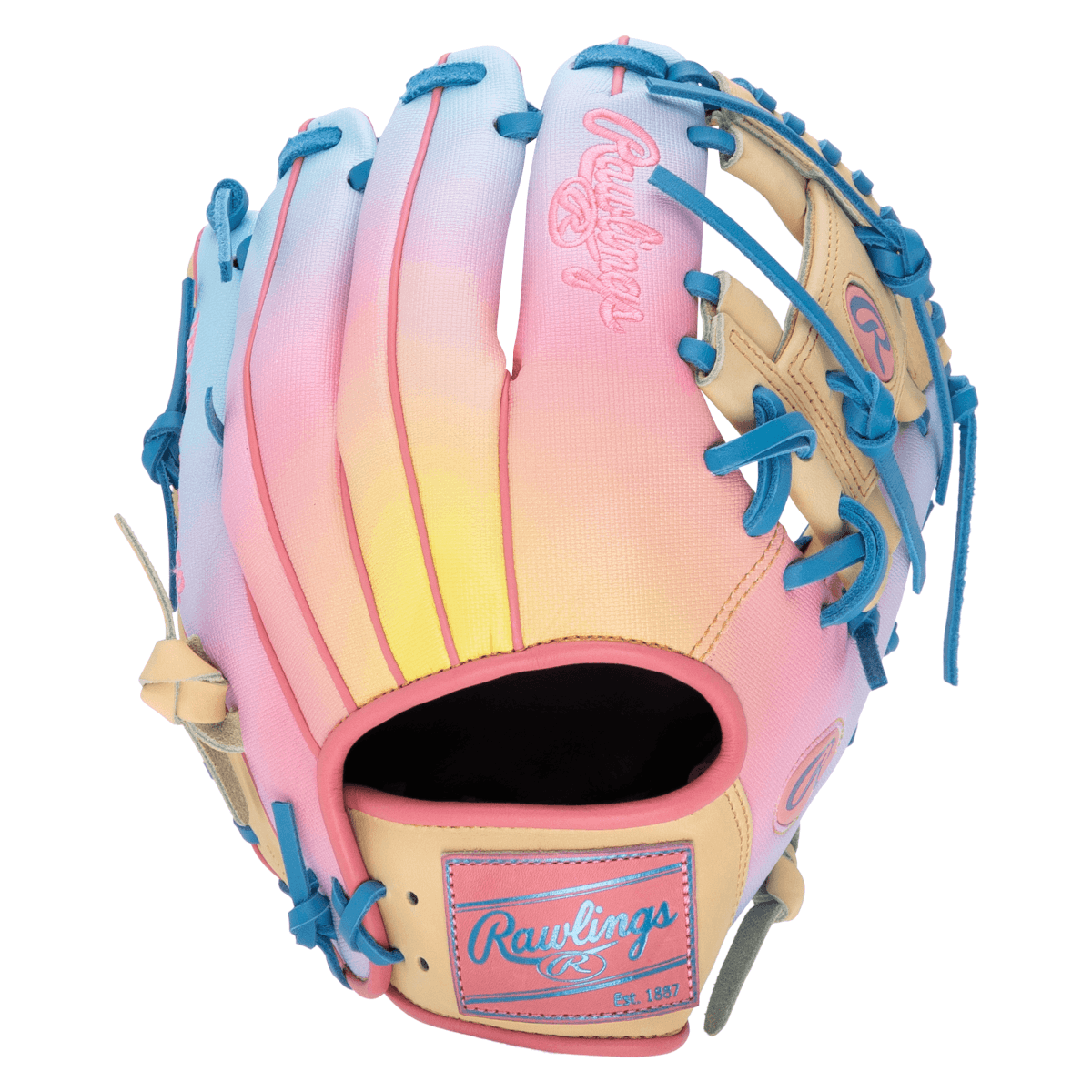 Front view of a baseball glove with a pink, yellow, and blue gradient, blue lacing, and Rawlings branding.