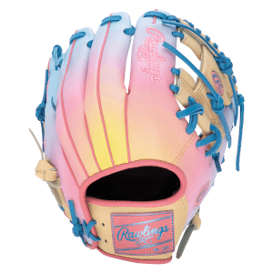 Front view of a baseball glove with a pink, yellow, and blue gradient, blue lacing, and Rawlings branding.