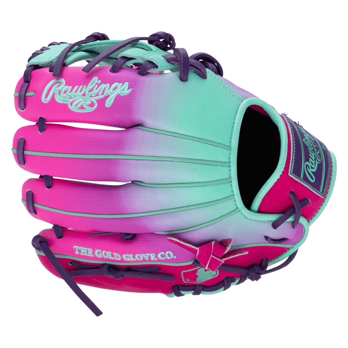 Front view of a baseball glove featuring a pink-to-teal ombre design with purple laces and the Rawlings logo.