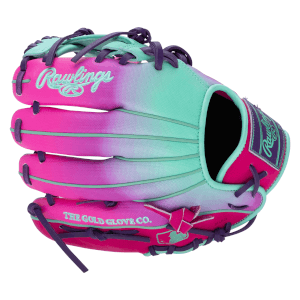 Front view of a baseball glove featuring a pink-to-teal ombre design with purple laces and the Rawlings logo.