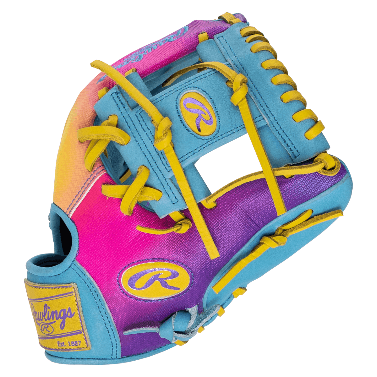 Front view of a colorful Rawlings baseball glove with yellow laces and purple and pink accents.