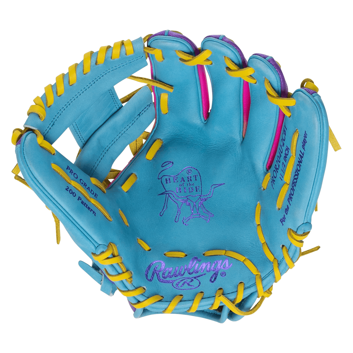 Top-down view of a blue baseball glove with yellow lacing, pink accents, and purple "Rawlings" branding.