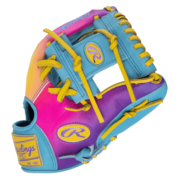 Front view of a colorful Rawlings baseball glove with yellow laces and purple and pink accents.