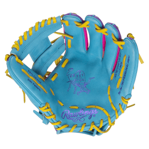 Top-down view of a blue baseball glove with yellow lacing, pink accents, and purple "Rawlings" branding.