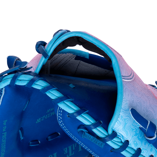 Close-up view showing blue and pink baseball glove with patterned fabric and "For the Profession" text.
