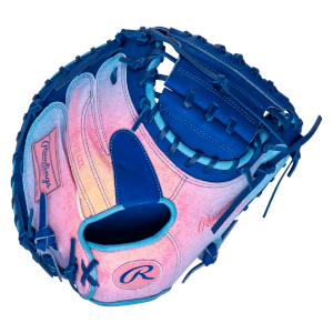 Front view of a blue and pink Rawlings baseball glove with a topographic pattern and "Rawlings" logo.
