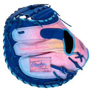 Palm view of a blue baseball glove with a pink, purple, and yellow gradient palm featuring a "Rawlings Est. 1887" patch and "The Gold Glove Co." text.