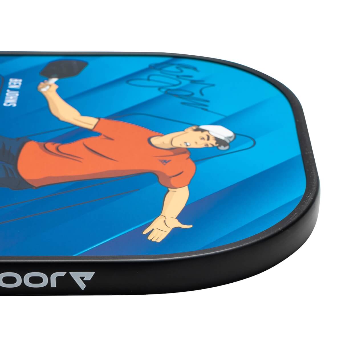 Corner view of a blue pickleball paddle with a graphic of Ben Johns and JOOLA branding.