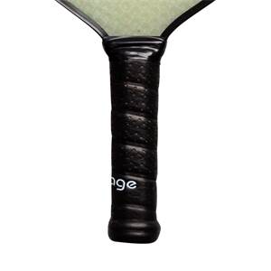 Close-up of a black pickleball paddle grip with textured surface and white age branding.