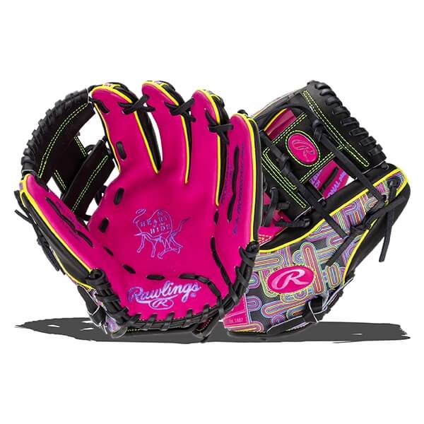 Front and back views of a pink and black Rawlings baseball glove with "HEART of the HIDE" and "Rawlings" logos, neon yellow trim, and a vibrant, patterned exterior.