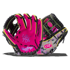 Front and back views of a pink and black Rawlings baseball glove with "HEART of the HIDE" and "Rawlings" logos, neon yellow trim, and a vibrant, patterned exterior.
